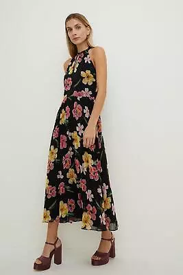 OASIS Floral Chiffon Halter Neck Pleated Maxi Dress • £41