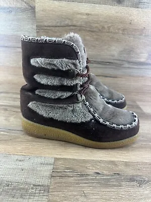 Vtg Quoddy  Brown Leather Shearling Faux Fur Wedge Gum Sole Boots Women's Size 8 • £66.53