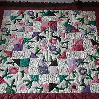 Vtg Handmade Signed 1985 Applique Garden Quilt Wall Hanging Pink Floral 60x60  • $88.50