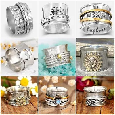 $3.82 • Buy 925 Silver Flower Spin Rings Women Relief Fidget Anxiety Ring Meditation Jewelry