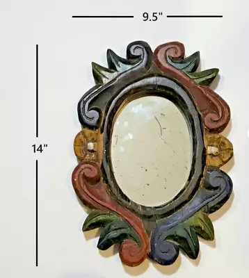 Sm Primitive Rococo Solid Hand Carved Wood Wall Mirror Decor  Black Red Green • $53.95