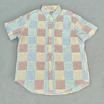 J Crew Shirt Mens Large Madras Plaid Striped Patchwork Seersucker Organic Cotton • $26.99