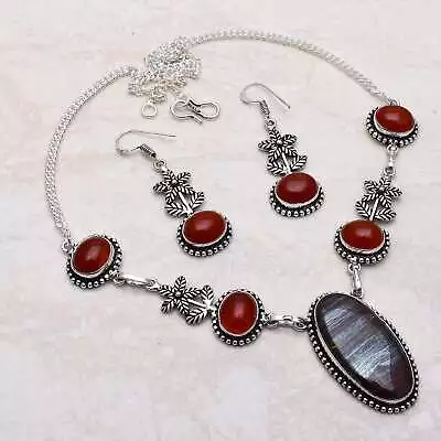 Iron Tiger Eye Carnelian Gemstone Necklace+Earring Jewelry 39 Gms AN-6368 • $3.99