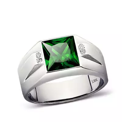 18K White Gold Emerald Men's Ring 0.08ct Natural Diamonds Ring For Man • £803.47