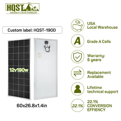 HQST 100W 190W 12V Mocrystalline Solar Panel Off Grid RV Home Cabin Roof • $69.99