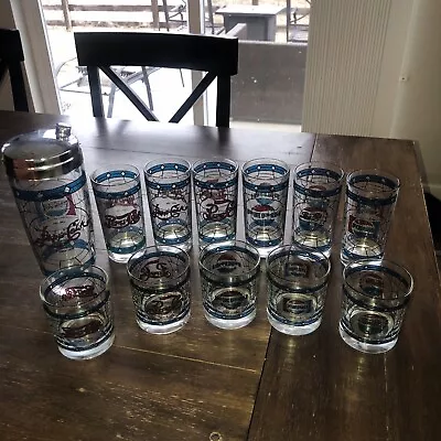 VTG 70's Pepsi Cola Tiffany  Stained Glass Cocktail Shaker 6 Tall 5 Low Glasses • $60