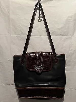 Vintage Brighton Handbag Black Pebble Brown Woven Croc Leather Shoulder Bag Vtg • $32.99