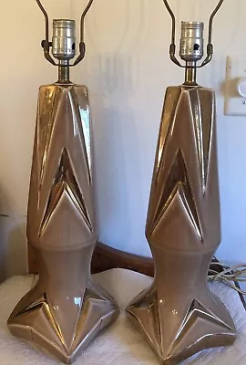 2 Vintage MID CENTURY ATOMIC AGE Tan Gold Ceramic Abstract Sculpture Table Lamp • $120