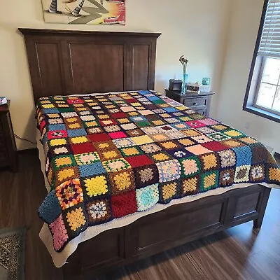 Vintage Handmade Crochet Granny Square Large Queen Size Blanket Multicolor Knit • $30