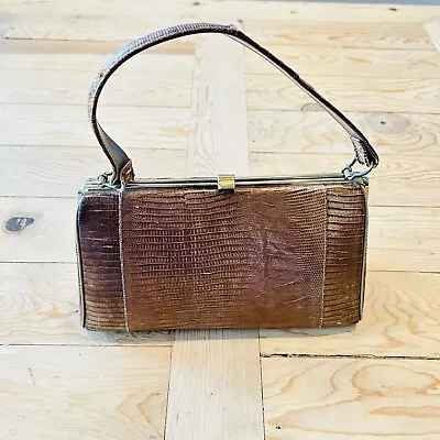 Vtg Lizard Skin Purse  Brown Frame Structured Handbag Clasp • $16