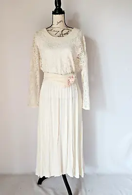 Vintage Spencer Alexis Lace Even Party Maxi Dress Long Sleeve Belt Ivory Sz.12 • $63.98