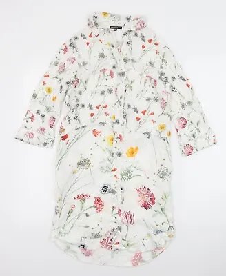 Warehouse Womens White Floral Viscose Shirt Dress Size 8 Collared Button • £5
