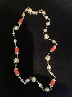 J. Crew Faux Pearl Rhinestone And Coral Bead Necklace • $40