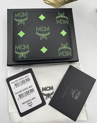 NEW MCM Men's Black/Summer Green Leather Bifold Wallet FREE Shipping • $209