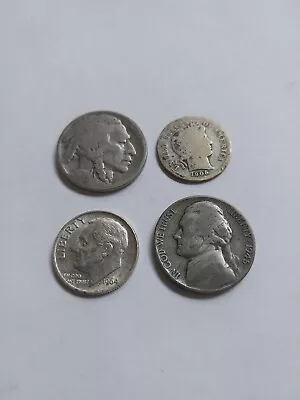 4 US Coin Lot.  Barber & Mercury Dime - Buffalo & War Nickel • $9