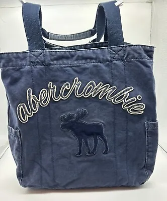 Vintage Abercrombie & Fitch Bag Blue Canvas Moose Logo Tote Hobo Bag Pockets Y2K • $19.99