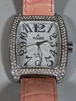 Visage Silver Tone Dial Crystal Accent Rectangle Case Pink Leather Band Watch • $17.49