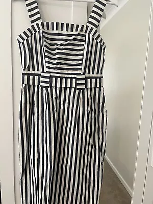 WAREHOUSE UK Size 12 Summer Dress Navy Blue Cream Striped Nautical Fitted Pencil • £3.99