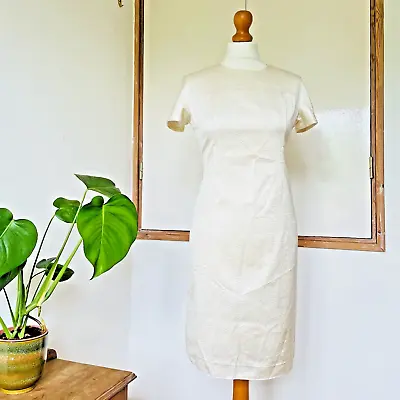£18 • Buy Vintage 60s 70s Ivory White Textured Floral Pattern Shift Dress 10
