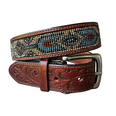 VTG Banana Republic Leather Belt Southwestern Brown Beaded Tooled Size 30 USA • $38