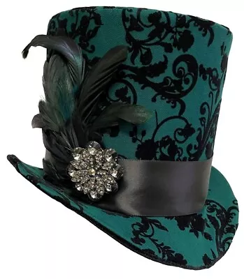 Green Velvet Top Hat Black Jeweled Wild Steampunk Dandy Mad Hatter Wedding • $85