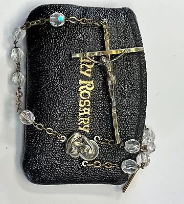 Vintage Aurora Borealis Faceted Crystal Glass Rosary Beads W/Leather Case Italy • $45