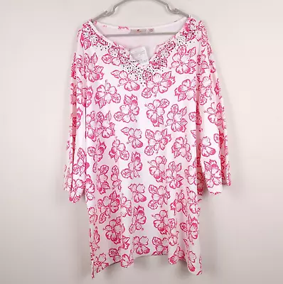 Quacker Factory Top Women 3X Pink White Floral Rhinestones V Neck Shirt Flowers • $21.99