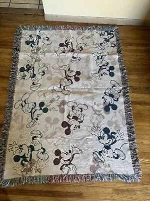 Vintage Classic Mickey Mouse Disney Fringed Woven Tapestry Throw Blanket • $29.99