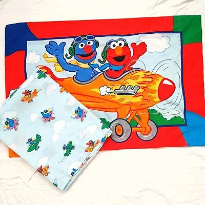 2009 Sesame Street Big Bird Elmo Oscar Airplane Pillowcase And Bed Top Sheet • $12