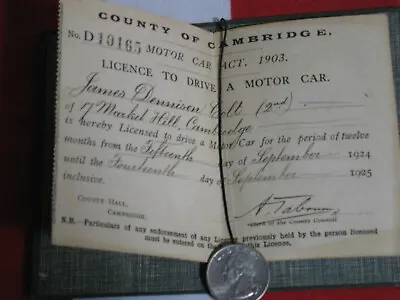 Vintage Drivers Licence Motor Car 1924 County Of Cambridge  • $6