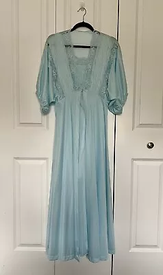 Vintage Blue Peignoir Nightgown Robe Set Nylon Lace Lingerie Women's Size Large • $65.99