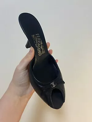Y2K Style Salvatore Ferragamo Little Black Peep Toe Mules With Cute Bow Detail • $100