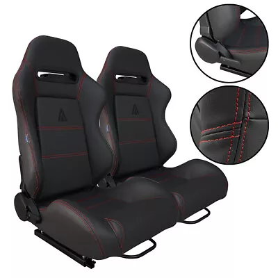 2 X Tanaka Black PVC Leather + Red Stitch Racing Seats For Ford Mustang NEW • $295.73