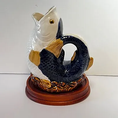 Majolica Gurgle Fish Vase Pitcher 8.5” With A Wood Base • $39.95