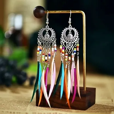 £5.29 • Buy Silver Multicolour Boho Ethnic Long Beaded Feather Tassel Dangle Earrings UK