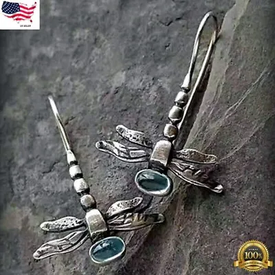 925 Silver Plated Dragonfly Moonstone Hook Dangle Earrings Jewelry Simulated • $3.77