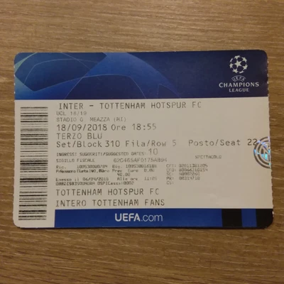 £4.99 • Buy Ticket 2018/19 Inter Milan V Tottenham Spurs (Champions League)