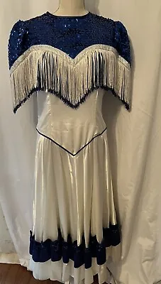 Vintage Dress Blue Sequins Fringe White Satin Country Rodeo Western Cowboy M/L • $90