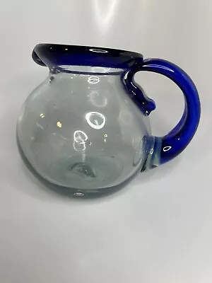 Hand Blown Mini Pitcher Mexican Glass Blue Bubble Glass 5inches Tall • $28