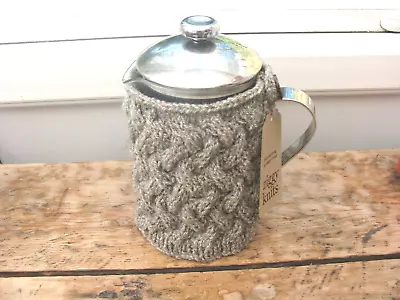 Hand Knitted Aran Medium Cafetiere Cosy Herringbone Grey Ziggy Knits • £8