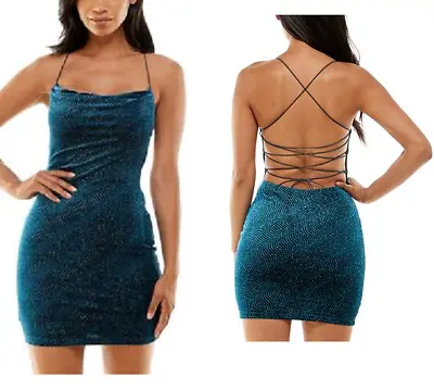 B. Darlin Mini Dress Juniors Size Medium Teal Velvet Cowlneck Lace Up Bodycon • $6.99