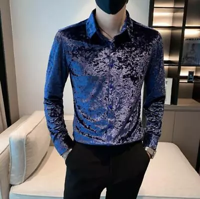 Men's Velvet Non-ironing Shirt Slim Hair Stylist Casual Long-sleeved Shirt Tops • $59.95