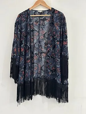 Life & Style Boho Kimono Top Duster Jacket Womens Size 12 Fringe Bohemian • $24.95