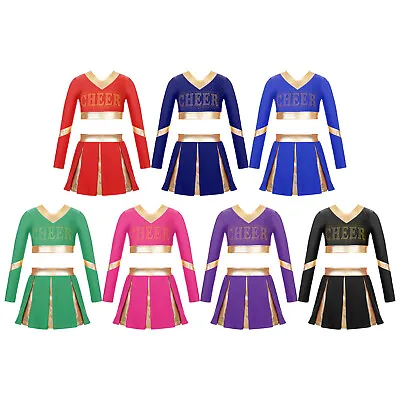 Girls Cheer Leader Costume High School Cheerleading Uniform Crop Tops And Skirt • £5.51