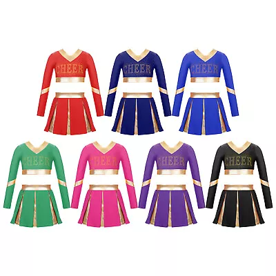 UK Kid Girls Cheerleading Uniform Outfits Crop Top And Skirt Performance Costume • £6.36