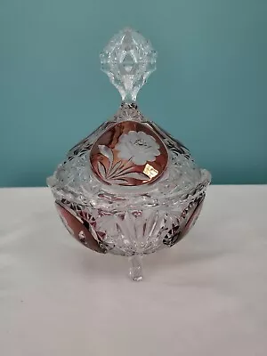 Vintage Ruby Red Cranberry Lead Crystal Frosted Floral Cut Footed Candy Dish 7.5 • $39.99