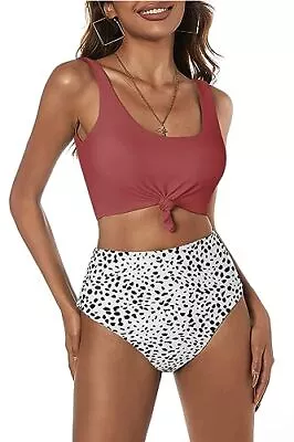 ZAFUL Womens Knotted Front Tankini Two Piece Swimsuit (Red&White-Dalmatian M) • $11.99