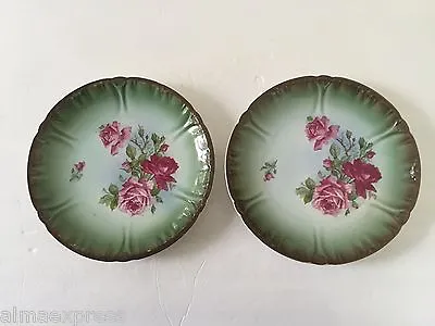 Lot Of 2 Antique Bonn Franzant Mehlem Germany Rose Green & Brown 8-1/2  PLATES • $16.95