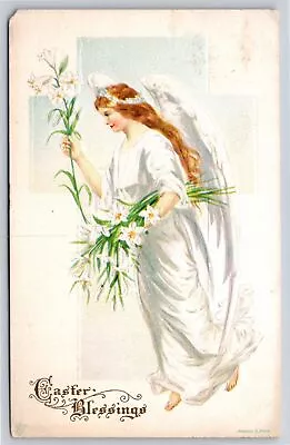 Easter~Angel In White W/Easter Lilies In Both Hands~Gold~Emb~Stecher 4A~1915 PC • $3.70