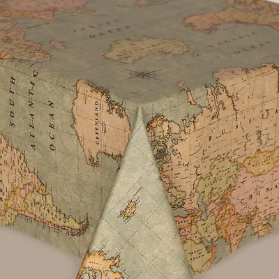 World Map Duck Egg Natural Cotton Fabric Acrylic Coated Table Cloth Wipeclean • £1.59